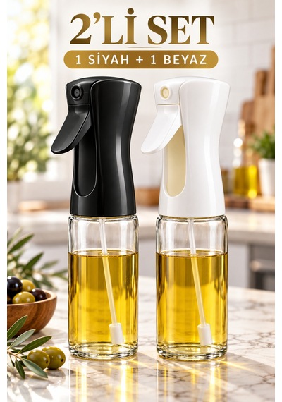 2 Li Cam Sprey Yağlık Seti 2 220 Ml Zeytinyağı Püskürtücü, Salata Ve Airfryer İçin Yağ Spreyi Siyah - Beyaz
