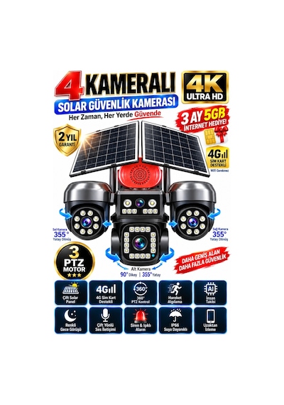 4g Solar Güvenlik Kamerası 4 Kameralı 3 Ptz Çift Solar Panel İnsan Takip Gece Görüş Siren Ip66