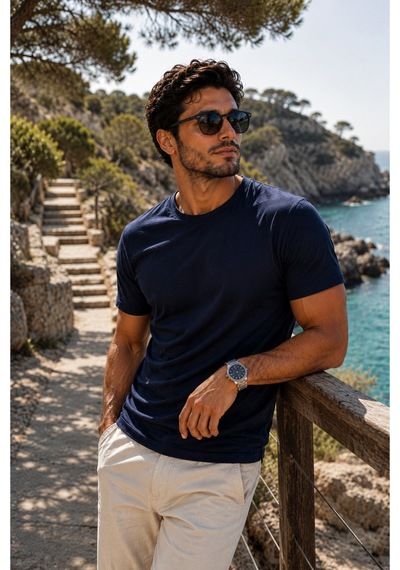 Luxıc Core Erkek Slim Fit Lacivert Bisiklet Yaka Pamuk Penye Günlük Rahat Basic Tişört