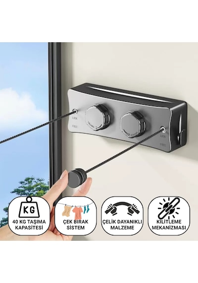 Polham 5.1 Metre Uzayabilir Çift Halatlı Çelik Dayanıklı Çek-bırak Çamaşır İpi, 40 Kg Taşıma Kapasiteli Gri