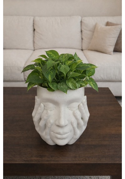 Modern Minimalist Yüz Figürlü Saksı & Kalemlik Dekoratif Obje Beyaz Beyaz
