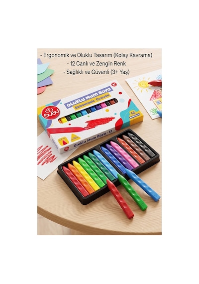 Oluklu Mum Boya 12 Li 1 Paket Bubu 12 Renk Mumboya Elleri Kirletmeyen Yıkanabilir Silinebilir Karton Kutu Çok Renkli