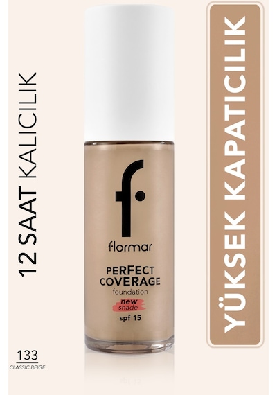 Flormar Perfect Coverage Yoğun Kapatıcı Su Bazlı Fondöten (Sıcak Alt Ton) -133 Classic Beige -8682536070591