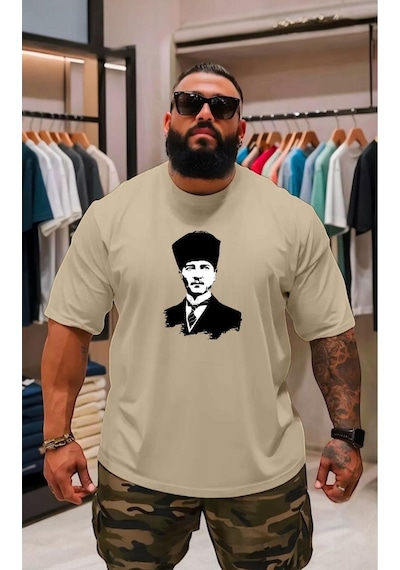 Atatürk Baskılı Oversize Unisex Tişört Bej