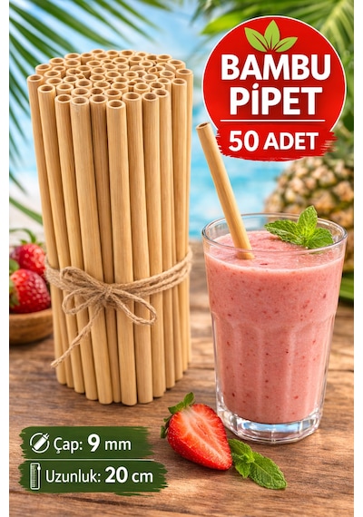 50 Adet Bambu Pipet 9mm X 20cm Kalın Smoothie Pipeti Doğal Çevre Dostu