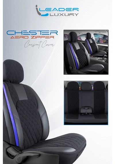 Fiat Linea Dynamic Uyumlu Lüx Yarı Deri Oto Koltuk Kılıfı Ön Arka Takım Chester Siyah Mavi