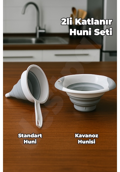 2'li Katlanır Huni Seti - Akordiyon Saplı Huni Ve Kavanoz Hunisi - Katlanabilir Yer Kaplamaz