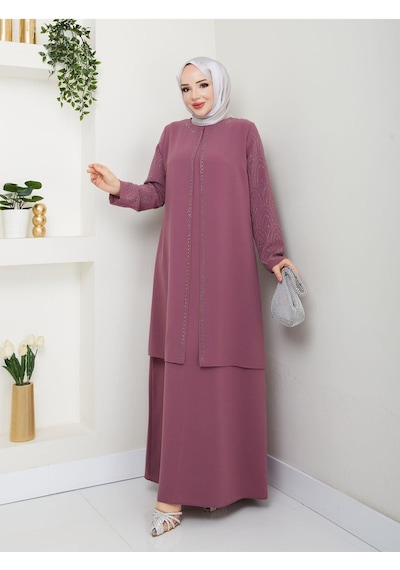 Eslemnur Kolları Taşlı Büyük Beden Anne Elbisesi Pembe