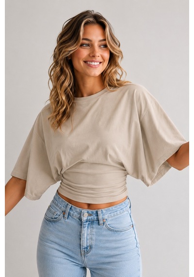 Overmax Bele Oturan Oversize Kollu Premium Crop Bluz Bej - 880759104 Bej
