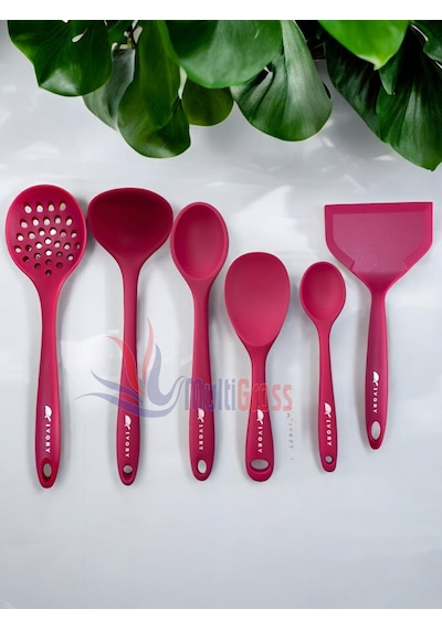 Isıya Dayanıklı Silikon Kevgir Kaşık Spatula Seti 6 Prç Fuşya