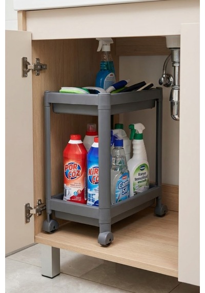 2 Katlı Tekerlekli Tezgah Altı Raf Düzenleyici Organizer, Banyo Lavabo Altı Düzenleyici "antrasit" Antrasit