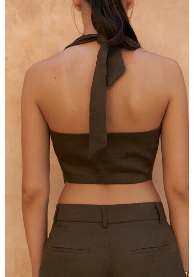 Mai Collection Mai Studios Co. Lvdovila Kahve Keten Crop Yelek Pantolon Takım Kahve