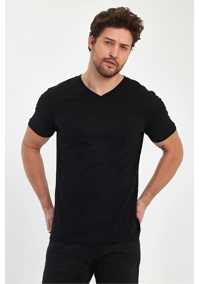 Erkek Compact Penye V Yaka T-shirt Siyah