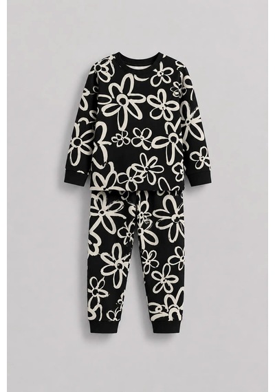 Zuzunga Kız Çocuk Siyah Beyaz Büyük Papatya Desenli Uzun Kollu Pijama Takımı