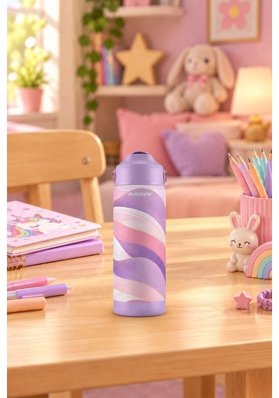 Puccon 540 Ml Dalga Desenli Lila Kız Çocuk Pipetli Çelik Termos Matara/suluk - 60056
