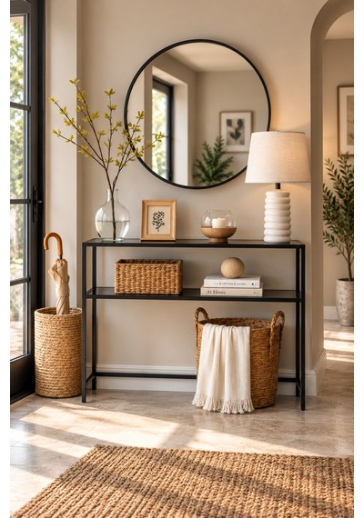 Teknor Siyah Çerçeveli Füme Cam Raflı Dresuar Modern Salon Ve Antre Konsolu 100 90 20 Cm