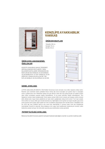 Kenzlife Ayakkabılık Vakkas Mat Beyaz 180 110 40 Suntalam 40 Çift Ayakkabı Kapasitesi
