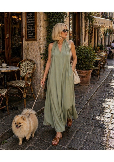 Milano Flow Maxi Dökümlü Elbise - Haki - M - St01140-haki-m