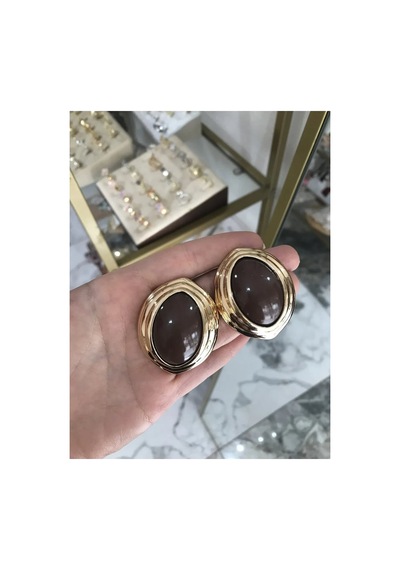 Kahverengi Düğme Model Küpe