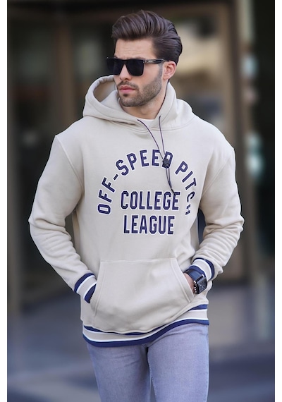 Madmext Bej Kapüşonlu Cep Detaylı Baskılı Erkek Sweatshirt 7068 Bej
