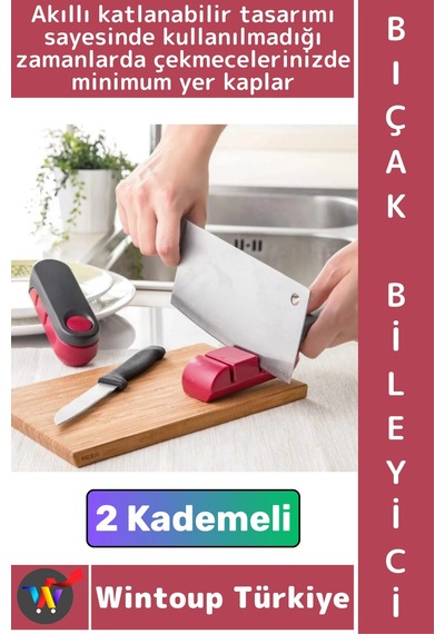 Bıçakbileyici Ergonomik Tutuş Kaymaz Taban İnce Kaba Bileme 2 Kademeli Katlanabilir Bıçak Bileyici
