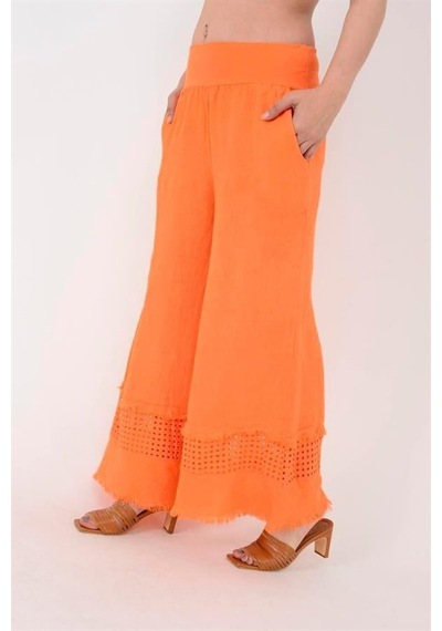 Eren Style İtalyan Fisto Paça Detaylı Keten Pantolon-9893 Oranj