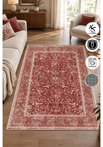 Vintage Eskitme Desen Baskılı Kaymaz Yıkanabilir Halı Salon Oturma Odası Mutfak Balkon Halısı Yolluk Bordo