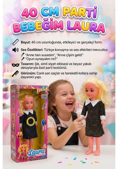 Laura Bebek 40cm Sesli İnteraktif Türkçe Konuşan Eklemleri Hareket Eden Şık Elbiseli Oyuncak Bebek 1