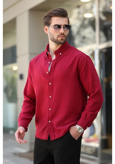 Madmext Bordo Mavisi Uzun Kollu Oversize Erkek Gömlek 6735 Bordo