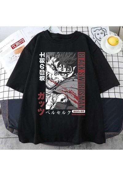 Noıssey Kırmızı Etiket Gala Black Swordsman Berserker Anime Bloody Artwork Unisex T-shirt 14501 Siyah