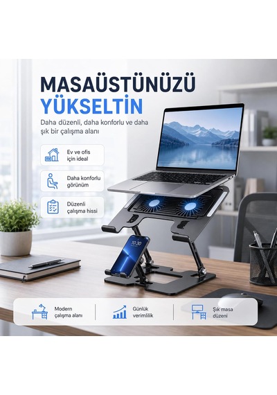 Karbon Çelik 3 İn 1 Notebook, Tablet Ve Telefon Standı, 12.9-17 İnç Laptop Ve Tablet İçin 2 Fanlı Soğutuculu Ergonomik Yükseltici, 4.7-12.9 İnç Telefon Tutucu, L07