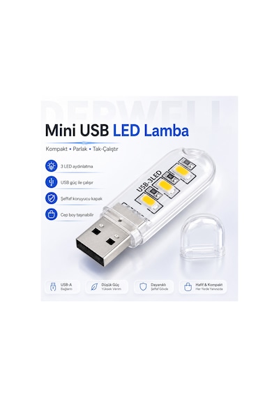Mini Usb Led Lamba 3 Ledli Taşınabilir Cep Boy Gece Lambası Şeffaf Koruyucu Kapaklı Tak Çalıştır Düşük Güç Tüketimi Yüksek Verim Beyaz Işık Powerbank Laptop Uyumlu Kamp Aydınlatması Stick Led Işık