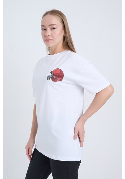 Kadın Oversize Baskılı T-shirt Beyaz Football Helmet Beyaz