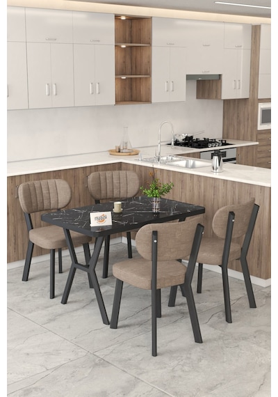 Gnr 70x110cm Sabit Siyah Mutfak Masası Takımı, Yemek Masası, 4 Modern Cappucino Sandalye Cappuccino
