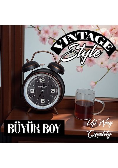Upway Çanlı Tokmaklı Yüksek Zil Sesli Çalar Saat Vintage Tarz Metal Büyük Boy Siyah