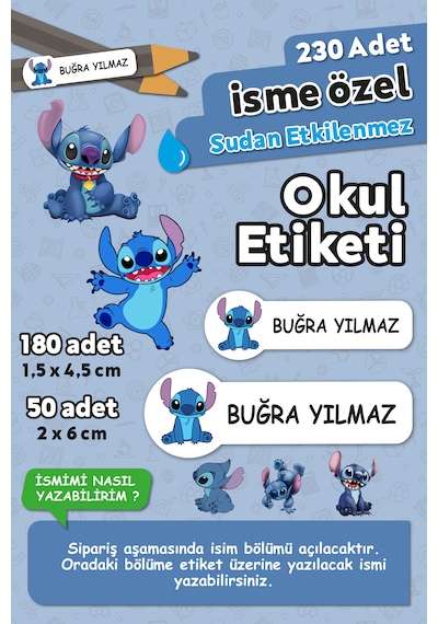 Stitch Temalı Kişiye Özel İsimli Defter Kalem Okul Etiketi, Yırtılmaz Pvc Etiket, Islanmaz Beyaz