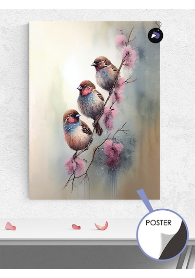 Pembe Kuşlar Hayvan Poster - Afiş - Dekoratif Duvar Posteri