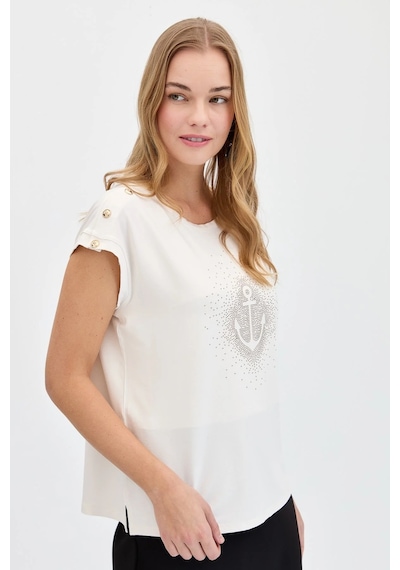 Desen Triko Kadın Sıfır Yaka Önü Taşlı Çapalı T-shirt Kmy24024 Ekru