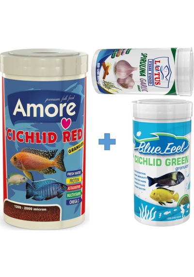 Cichlid Red 1000ml Green 250ml ve Spirulina Garlic 100ml Kutu Yem
