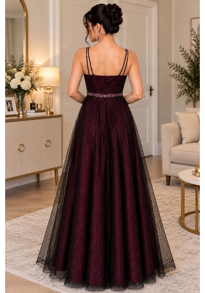 Gül&can Butik Abiye İnce Askili Sirt Ve Goguz Dekokteli Tas Kemerli Abiye Siyah