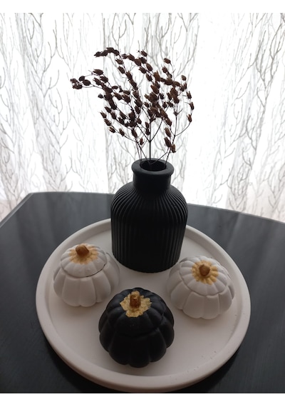 Tabakta 3'lü Mini Balkabağı Vazo Dekoratif Beyaz Siyah Set 03