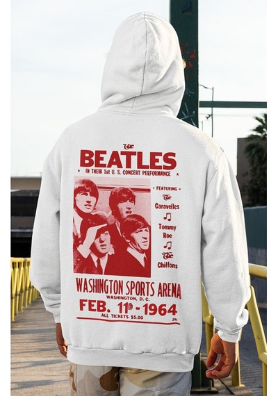 Sevbano The Beatles Müzik Grubu Baskılı Unisex Oversize 1964 Hoodie Beyaz