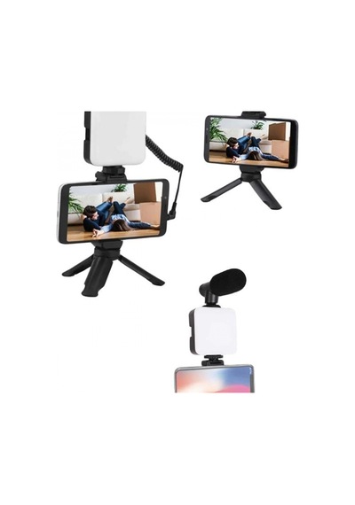Akıllı Telefon Vlog Kiti Mini Tripod, Led Işıklı Mikrofonlu Telefon Tutucu Seti