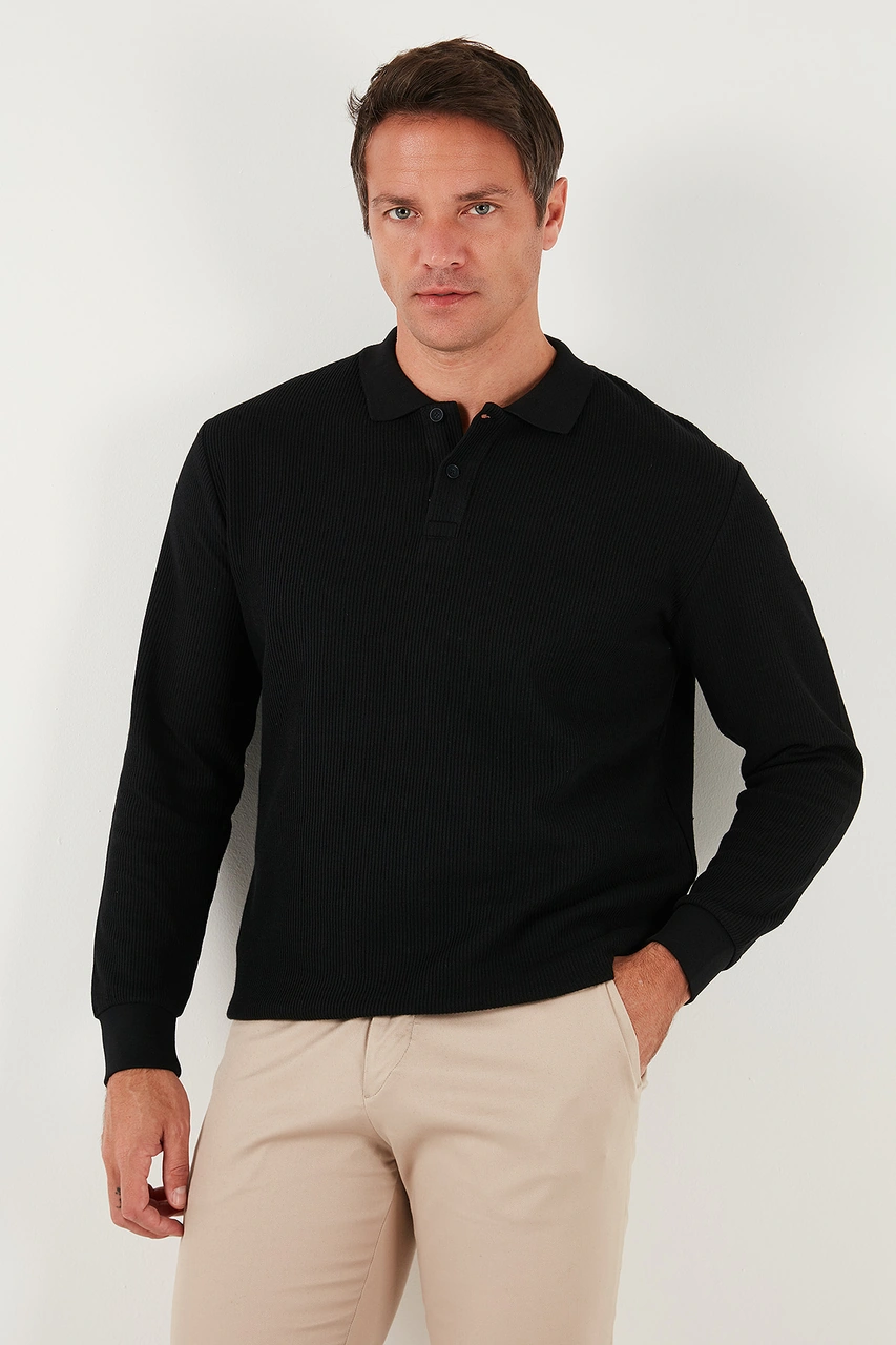 Buratti Pamuklu Regular Fit Düğmeli Polo Yaka Erkek Sweat 5905739 Siyah