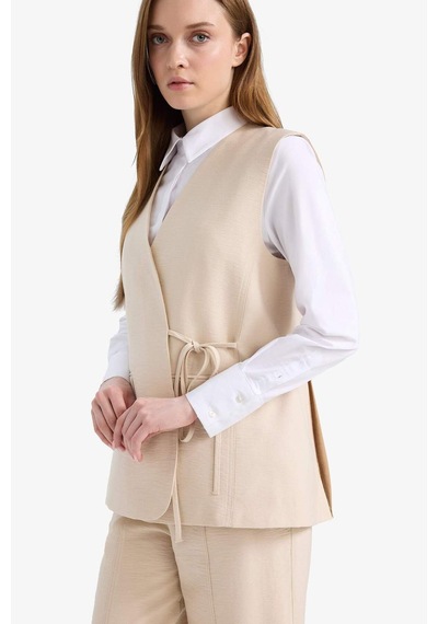 DeFacto V Yaka Bağcıklı Basic Düz Blazer Yelek E4358AX25SPBG702 Bej