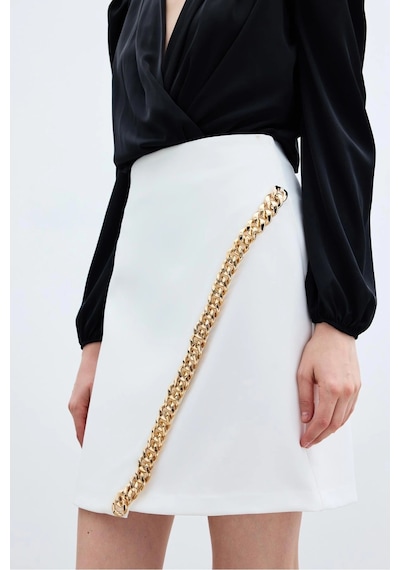 Sateen Zincir Aksesuarlı Mini Etek - Ekru Ekru