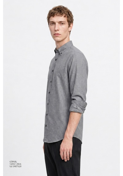 Altınyıldız Classıcs Erkek Grı Pamuklu Slim Fit Dar Kesim Düğmeli Yaka Diagonal Desenli Flanel Gömlek Gri