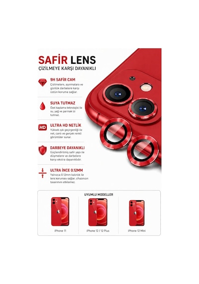 Apple iPhone Uyumlu  11 / 12 / 12 Mini Kırmızı Metal Kamera Lens Koruyucu Safir Cam Ultra Net Hd