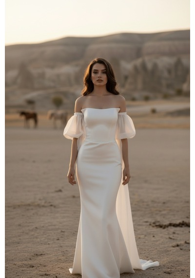 Berissima Bride Balık Nikah Elbisesi, Kırık Beyaz, Balon Portatif Kol, Kayık Yaka, Evden Çıkış Elbisesi, Ophelia Kırık Beyaz Kırık Beyaz