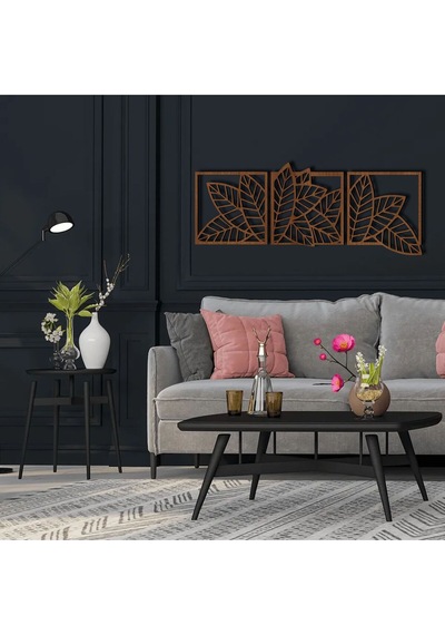 Yaprak Model 3 Lü Dekor Ahşap Duvar Süs Tablo Ceviz Renk 147x52 Cm